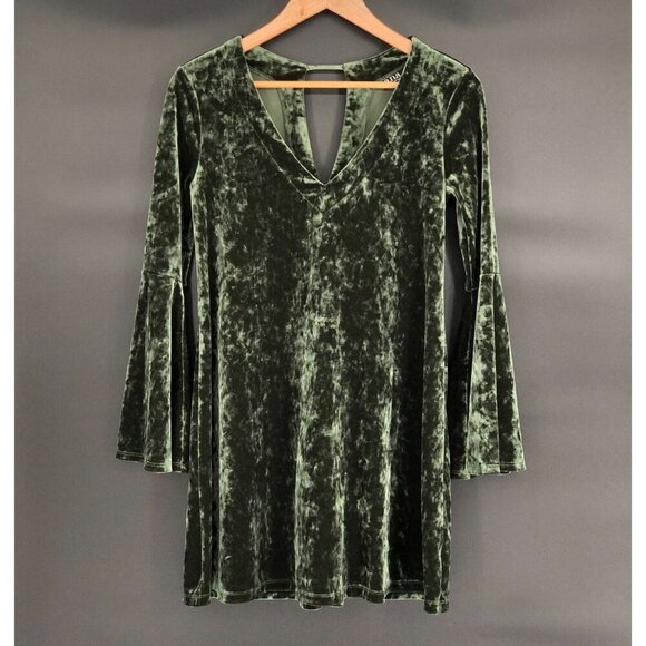 a.n.a. Velour Bell Sleeve Mini Dress XS Green Boho Hippie Fairy Ethereal 70s - Picture 1 of 7